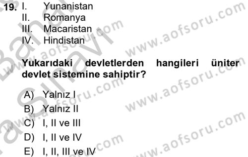 Mahalli İdareler Maliyesi Dersi 2016 - 2017 Yılı (Vize) Ara Sınav Soruları 19. Soru