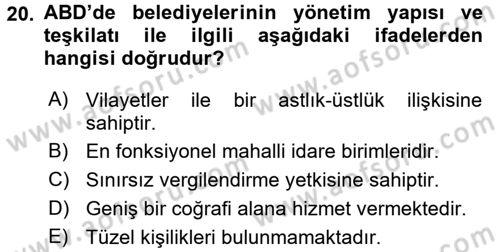 Mahalli İdareler Maliyesi Dersi 2016 - 2017 Yılı (Vize) Ara Sınav Soruları 20. Soru