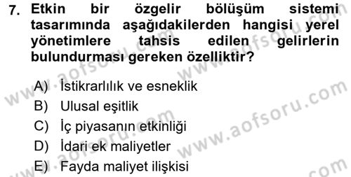 Mahalli İdareler Maliyesi Dersi 2016 - 2017 Yılı (Vize) Ara Sınav Soruları 7. Soru