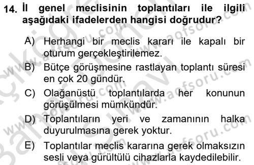 Mahalli İdareler Maliyesi Dersi 2016 - 2017 Yılı (Final) Dönem Sonu Sınav Soruları 14. Soru