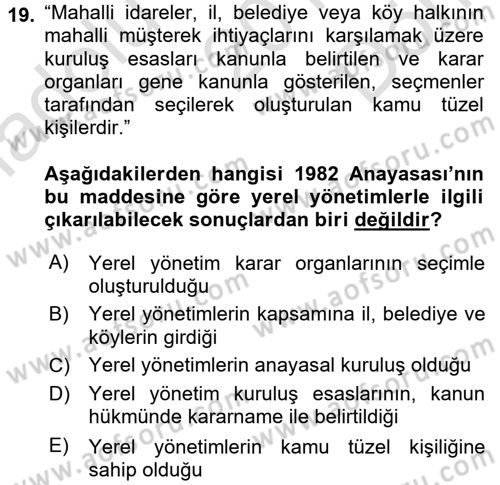 Mahalli İdareler Maliyesi Dersi 2016 - 2017 Yılı (Final) Dönem Sonu Sınav Soruları 19. Soru