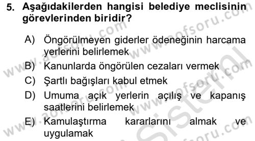 Mahalli İdareler Maliyesi Dersi 2016 - 2017 Yılı (Final) Dönem Sonu Sınav Soruları 5. Soru