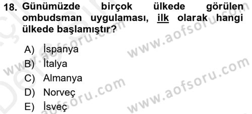 Mahalli İdareler Maliyesi Dersi 2017 - 2018 Yılı 3 Ders Sınav Soruları 18. Soru
