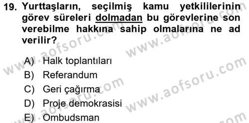 Mahalli İdareler Maliyesi Dersi 2017 - 2018 Yılı 3 Ders Sınav Soruları 19. Soru