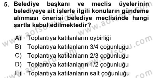 Mahalli İdareler Maliyesi Dersi 2017 - 2018 Yılı 3 Ders Sınav Soruları 5. Soru
