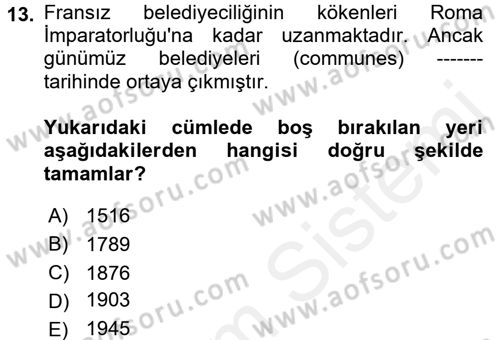 Mahalli İdareler Maliyesi Dersi 2017 - 2018 Yılı (Vize) Ara Sınav Soruları 13. Soru