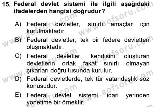 Mahalli İdareler Maliyesi Dersi 2017 - 2018 Yılı (Vize) Ara Sınav Soruları 15. Soru