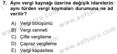 Mahalli İdareler Maliyesi Dersi 2017 - 2018 Yılı (Vize) Ara Sınav Soruları 7. Soru