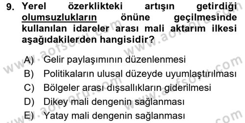 Mahalli İdareler Maliyesi Dersi 2017 - 2018 Yılı (Vize) Ara Sınav Soruları 9. Soru