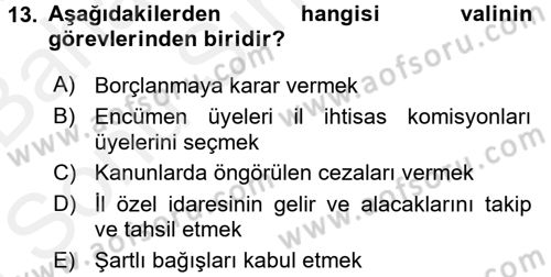 Mahalli İdareler Maliyesi Dersi 2017 - 2018 Yılı (Final) Dönem Sonu Sınav Soruları 13. Soru