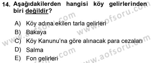 Mahalli İdareler Maliyesi Dersi 2017 - 2018 Yılı (Final) Dönem Sonu Sınav Soruları 14. Soru