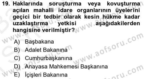 Mahalli İdareler Maliyesi Dersi 2017 - 2018 Yılı (Final) Dönem Sonu Sınav Soruları 19. Soru