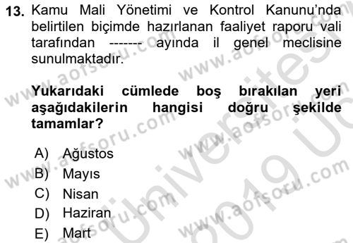 Mahalli İdareler Maliyesi Dersi 2018 - 2019 Yılı 3 Ders Sınav Soruları 13. Soru