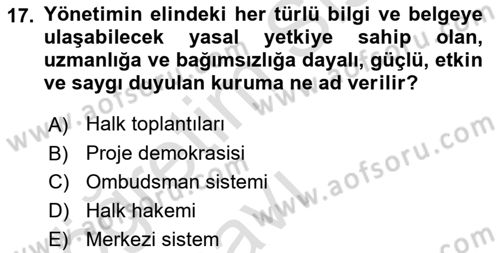 Mahalli İdareler Maliyesi Dersi 2018 - 2019 Yılı 3 Ders Sınav Soruları 17. Soru