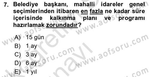 Mahalli İdareler Maliyesi Dersi 2018 - 2019 Yılı 3 Ders Sınav Soruları 7. Soru