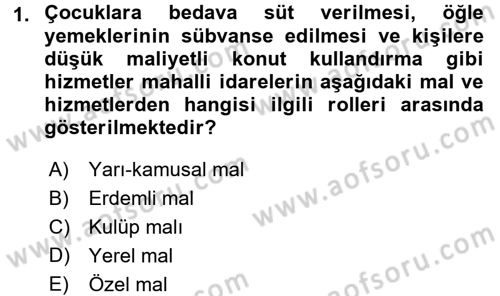 Mahalli İdareler Maliyesi Dersi 2018 - 2019 Yılı (Vize) Ara Sınav Soruları 1. Soru