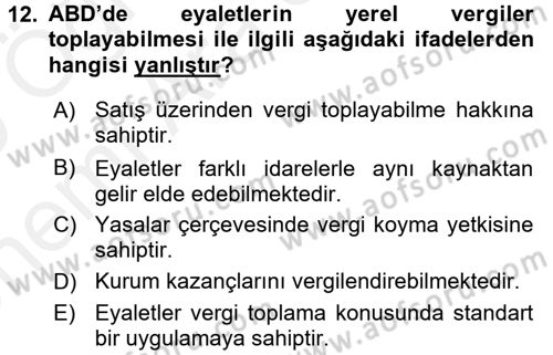 Mahalli İdareler Maliyesi Dersi 2018 - 2019 Yılı (Vize) Ara Sınav Soruları 12. Soru