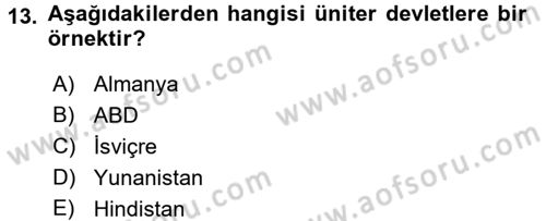 Mahalli İdareler Maliyesi Dersi 2018 - 2019 Yılı (Vize) Ara Sınav Soruları 13. Soru