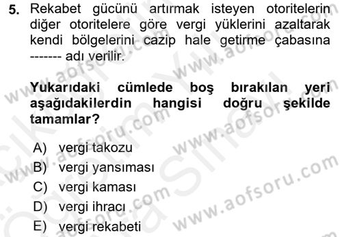 Mahalli İdareler Maliyesi Dersi 2018 - 2019 Yılı (Vize) Ara Sınav Soruları 5. Soru