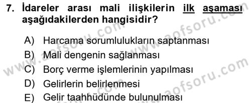 Mahalli İdareler Maliyesi Dersi 2018 - 2019 Yılı (Vize) Ara Sınav Soruları 7. Soru
