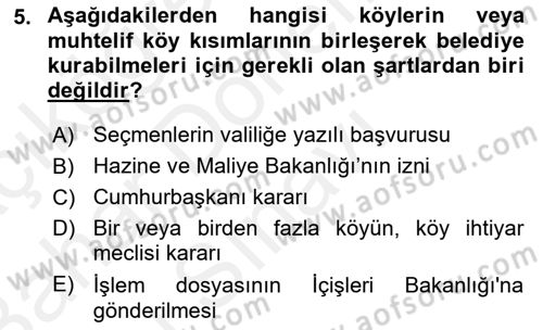 Mahalli İdareler Maliyesi Dersi 2018 - 2019 Yılı (Final) Dönem Sonu Sınav Soruları 5. Soru