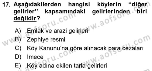 Mahalli İdareler Maliyesi Dersi 2018 - 2019 Yılı Yaz Okulu Sınav Soruları 17. Soru