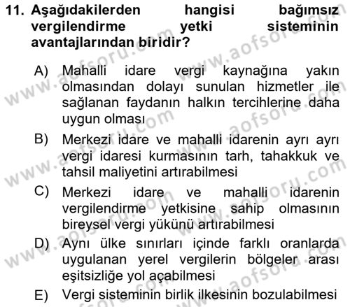 Mahalli İdareler Maliyesi Dersi 2020 - 2021 Yılı Yaz Okulu Sınav Soruları 11. Soru
