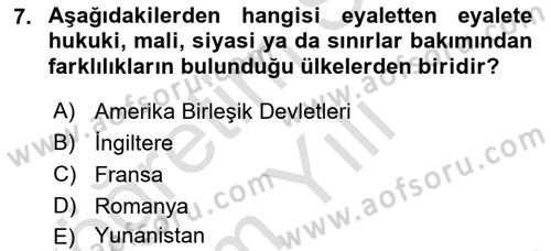 Mahalli İdareler Maliyesi Dersi 2020 - 2021 Yılı Yaz Okulu Sınav Soruları 7. Soru