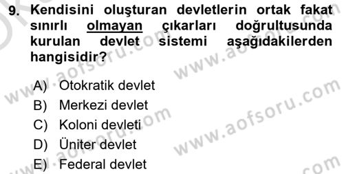 Mahalli İdareler Maliyesi Dersi 2020 - 2021 Yılı Yaz Okulu Sınav Soruları 9. Soru