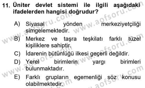 Mahalli İdareler Maliyesi Dersi 2021 - 2022 Yılı (Vize) Ara Sınav Soruları 11. Soru