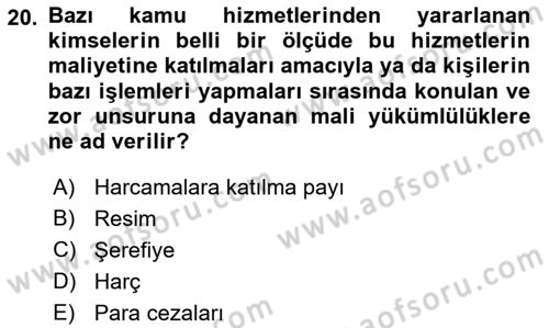 Mahalli İdareler Maliyesi Dersi 2021 - 2022 Yılı (Vize) Ara Sınav Soruları 20. Soru
