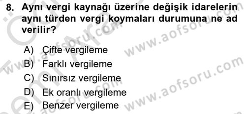 Mahalli İdareler Maliyesi Dersi 2021 - 2022 Yılı (Vize) Ara Sınav Soruları 8. Soru