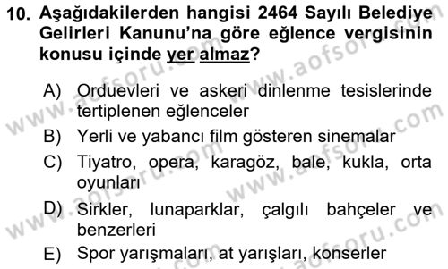 Mahalli İdareler Maliyesi Dersi 2021 - 2022 Yılı (Final) Dönem Sonu Sınav Soruları 10. Soru