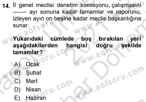 Mahalli İdareler Maliyesi Dersi 2021 - 2022 Yılı (Final) Dönem Sonu Sınav Soruları 14. Soru