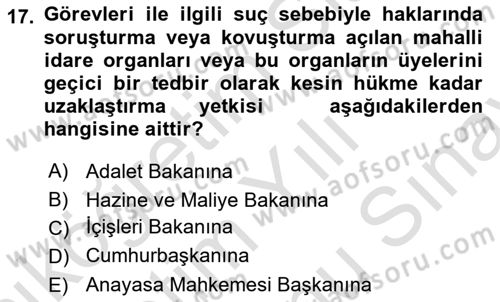Mahalli İdareler Maliyesi Dersi 2021 - 2022 Yılı (Final) Dönem Sonu Sınav Soruları 17. Soru