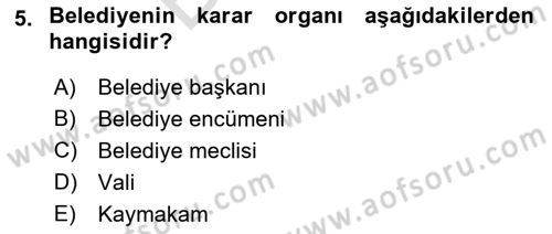 Mahalli İdareler Maliyesi Dersi 2021 - 2022 Yılı (Final) Dönem Sonu Sınav Soruları 5. Soru