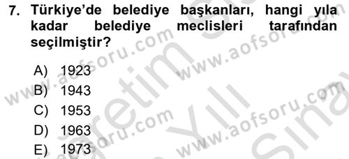 Mahalli İdareler Maliyesi Dersi 2021 - 2022 Yılı (Final) Dönem Sonu Sınav Soruları 7. Soru