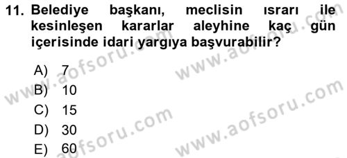 Mahalli İdareler Maliyesi Dersi 2022 - 2023 Yılı Yaz Okulu Sınav Soruları 11. Soru