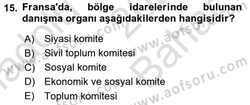 Mahalli İdareler Maliyesi Dersi 2023 - 2024 Yılı (Vize) Ara Sınavı 15. Soru