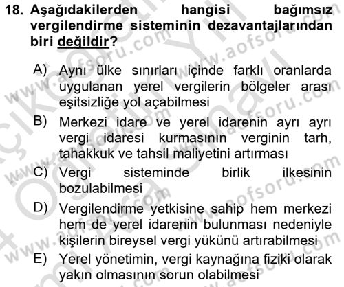 Mahalli İdareler Maliyesi Dersi 2023 - 2024 Yılı (Vize) Ara Sınavı 18. Soru