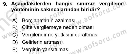Mahalli İdareler Maliyesi Dersi 2023 - 2024 Yılı (Vize) Ara Sınav Soruları 9. Soru