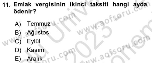 Mahalli İdareler Maliyesi Dersi 2023 - 2024 Yılı (Final) Dönem Sonu Sınav Soruları 11. Soru