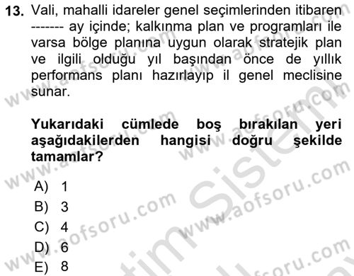 Mahalli İdareler Maliyesi Dersi 2023 - 2024 Yılı (Final) Dönem Sonu Sınav Soruları 13. Soru