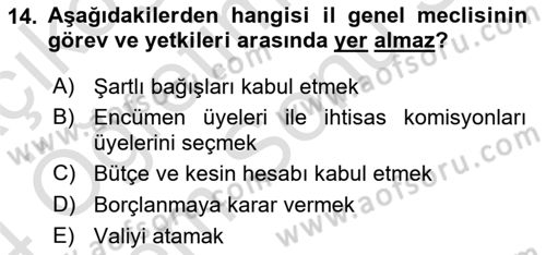 Mahalli İdareler Maliyesi Dersi 2023 - 2024 Yılı (Final) Dönem Sonu Sınav Soruları 14. Soru