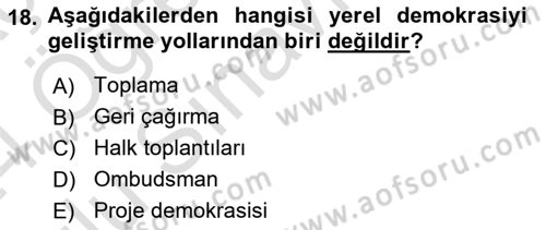 Mahalli İdareler Maliyesi Dersi 2023 - 2024 Yılı Yaz Okulu Sınav Soruları 18. Soru