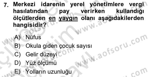 Mahalli İdareler Maliyesi Dersi 2023 - 2024 Yılı Yaz Okulu Sınav Soruları 7. Soru