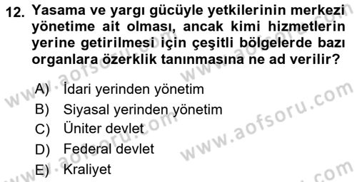 Mahalli İdareler Maliyesi Dersi 2024 - 2025 Yılı (Vize) Ara Sınav Soruları 12. Soru