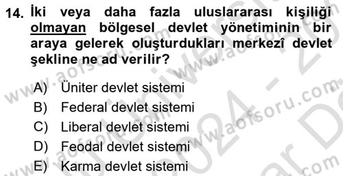 Mahalli İdareler Maliyesi Dersi 2024 - 2025 Yılı (Vize) Ara Sınav Soruları 14. Soru