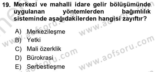 Mahalli İdareler Maliyesi Dersi 2024 - 2025 Yılı (Vize) Ara Sınav Soruları 19. Soru