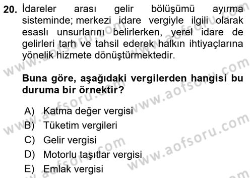 Mahalli İdareler Maliyesi Dersi 2024 - 2025 Yılı (Vize) Ara Sınav Soruları 20. Soru